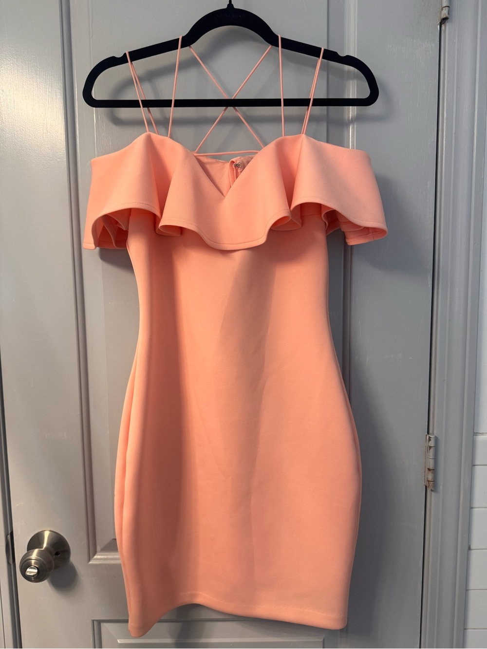 Guess Strappy Ruffle Off-Shoulder Dress in Peach